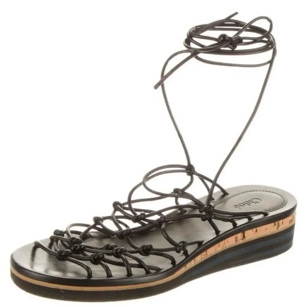 Chloé Jamie Knot Lace-up Gladiator Ankle Wrap Sandals Black Leather Platform